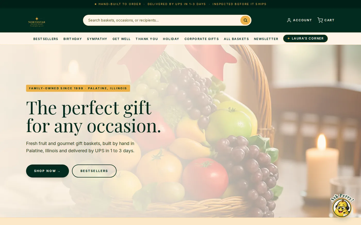 A gift basket shop's storefront running on GiftBench, with search, occasion menu and a shopping assistant button