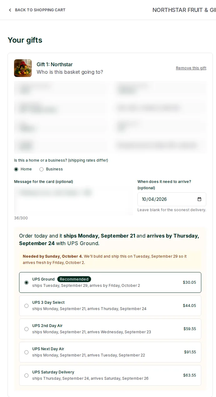 GiftBench checkout: a gift with its own recipient, card message, arrive-by date and a list of delivery options with ship and arrive dates